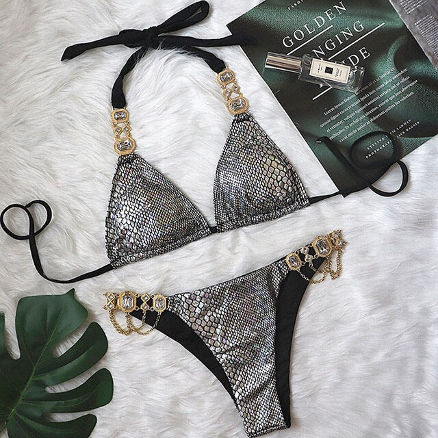 Sexy Crystal Diamond Bikini 2023 Bandeau Swimsuit Women Rhinestone Swimwear Female Two piece Bikini set Halter Bathing Suit