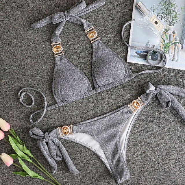 Sexy Crystal Diamond Bikini 2023 Bandeau Swimsuit Women Rhinestone Swimwear Female Two piece Bikini set Halter Bathing Suit