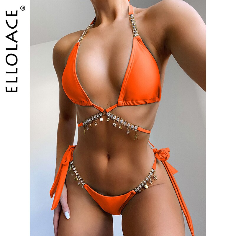 Ellolace Diamond Bikini Crystal Swimwear Metal Chain Women&#39;s Swimsuit Bathing Suit 2020 Aristocratic Bikini Push Up Bikinis