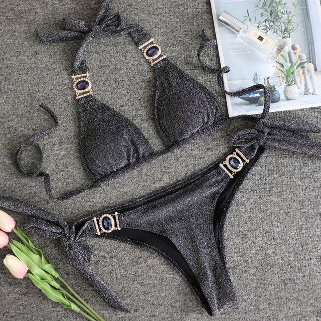 Sexy Crystal Diamond Bikini 2023 Bandeau Swimsuit Women Rhinestone Swimwear Female Two piece Bikini set Halter Bathing Suit