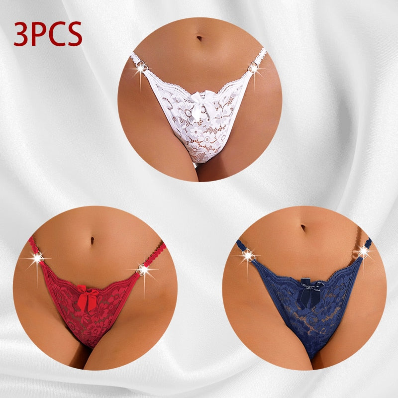3PCS/Set Women Sexy Lace Panties Perspective Underwear Low Waist Thin Strap Rhinestone Thong G-string Breathable Soft Lingerie
