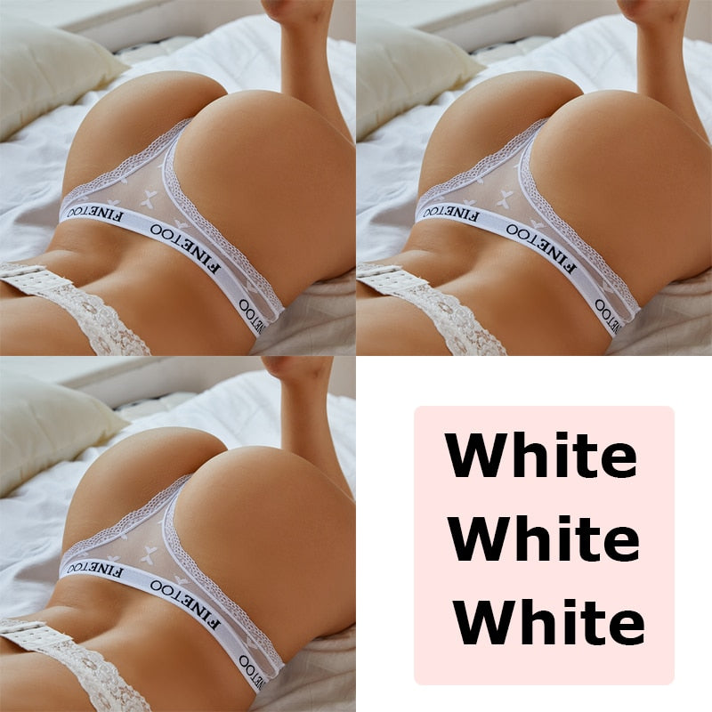 3PCS FINETOO Thong For Women Lace Panties Sexy Women&#39;s Thong Low Waist Underwear Solid Comfort Female Underpants Lingerie S-XL
