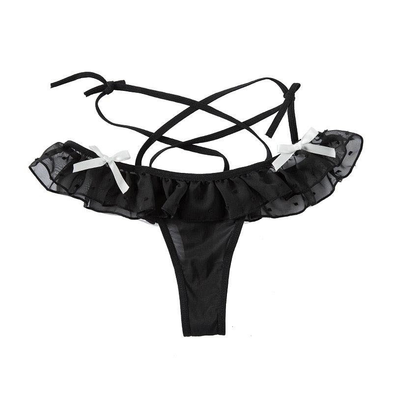 Sexy Maid Cosplay Hot Thong Lace Waist Hollow Bow T Pants Female JK Panties Sexy Lingerie Low Waist  Wave Point Perspective