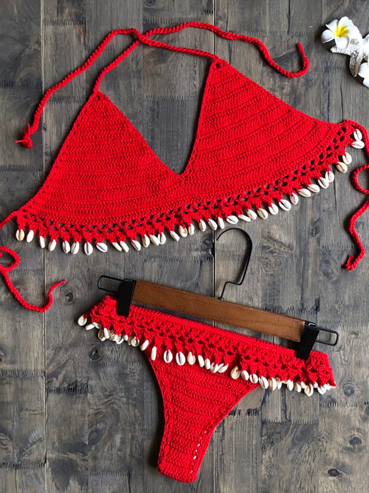 Crochet Bikini Set Shell Tassels Bikini Brazilian Crochet Swimsuit Women Halter Swimwear Strappy Bikinis Free Shipping  2019 New
