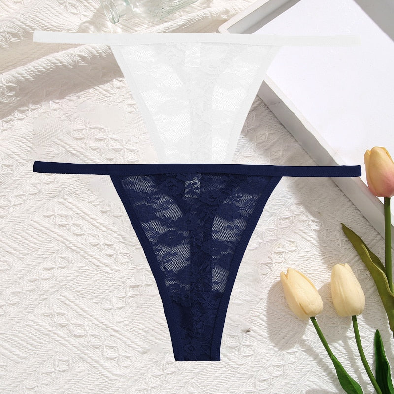 2Pcs/Set Sexy Women Lace Panties Low Waist G-String Underwear Solid Hollow Out Transparent Thong Female Soft Breathable Lingerie