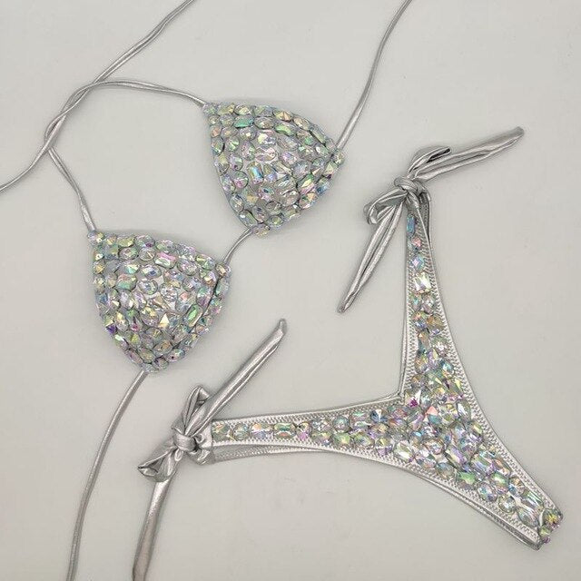 Fashion Diamond Bikini Set Rhinestone Swimwear Crystal Bathing Suit Sexy Women Biquini Bling Stones Sexy Halter Crystal Swimsuit