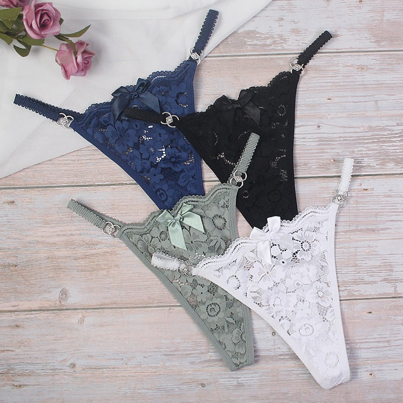 3PCS/Set Women Sexy Lace Panties Perspective Underwear Low Waist Thin Strap Rhinestone Thong G-string Breathable Soft Lingerie