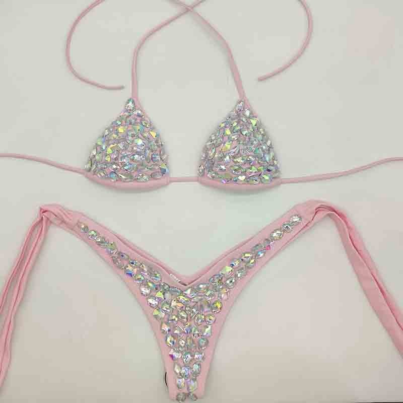 Fashion Diamond Bikini Set Rhinestone Swimwear Crystal Bathing Suit Sexy Women Biquini Bling Stones Sexy Halter Crystal Swimsuit