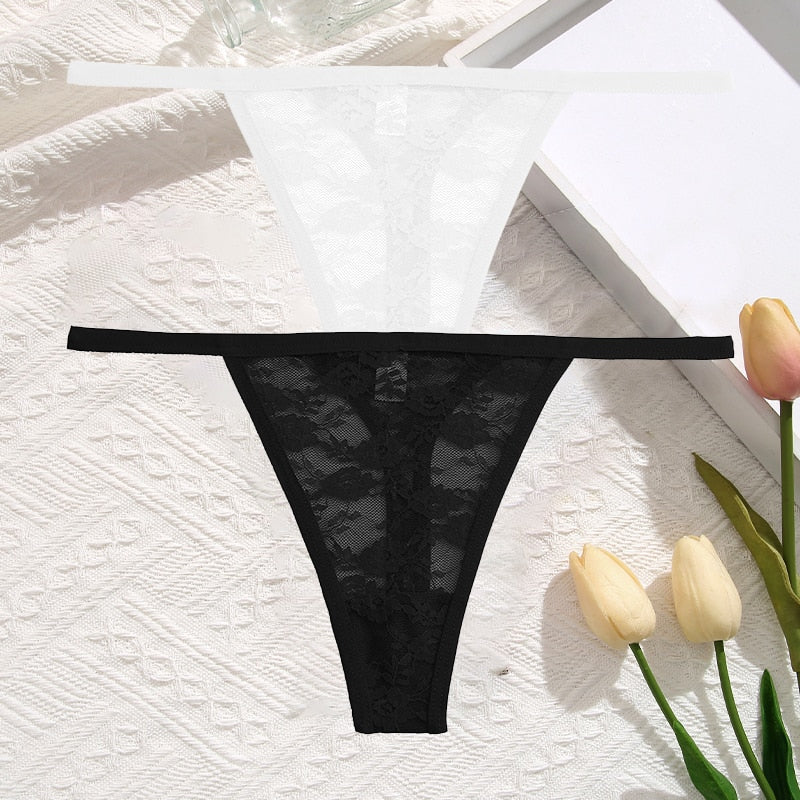 2Pcs/Set Sexy Women Lace Panties Low Waist G-String Underwear Solid Hollow Out Transparent Thong Female Soft Breathable Lingerie