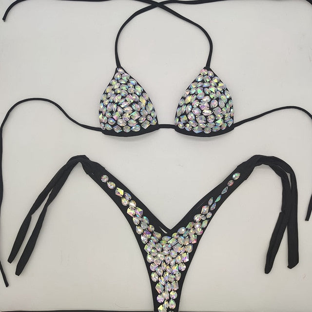 Fashion Diamond Bikini Set Rhinestone Swimwear Crystal Bathing Suit Sexy Women Biquini Bling Stones Sexy Halter Crystal Swimsuit