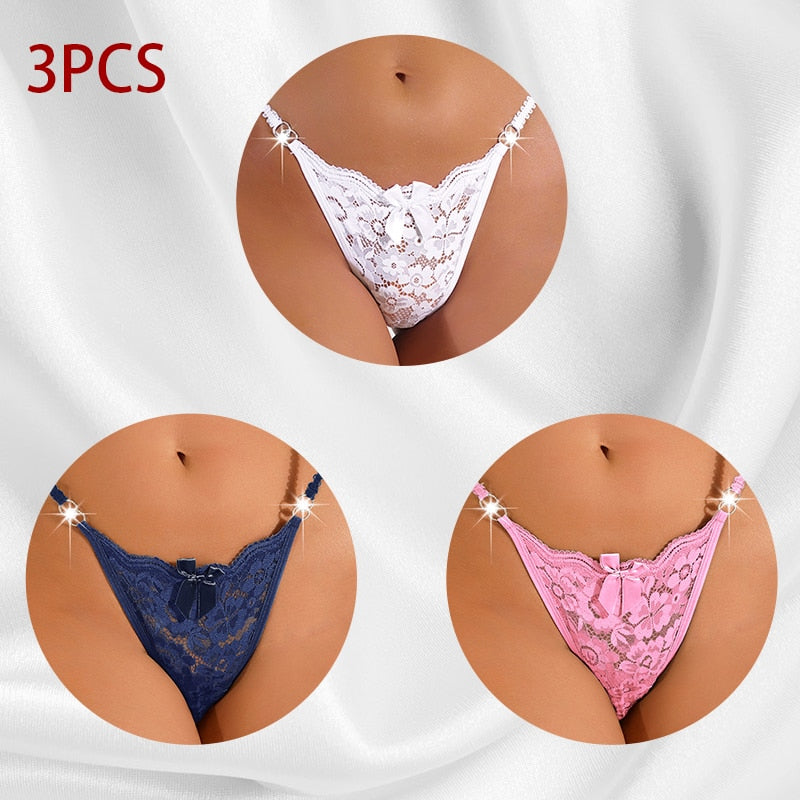 3PCS/Set Women Sexy Lace Panties Perspective Underwear Low Waist Thin Strap Rhinestone Thong G-string Breathable Soft Lingerie