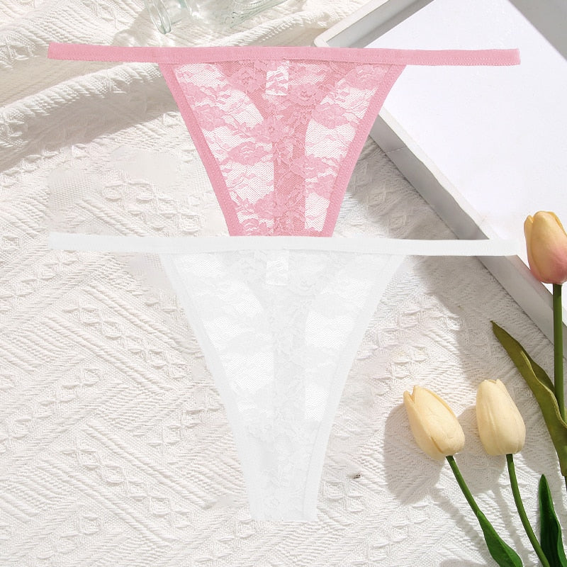 2Pcs/Set Sexy Women Lace Panties Low Waist G-String Underwear Solid Hollow Out Transparent Thong Female Soft Breathable Lingerie