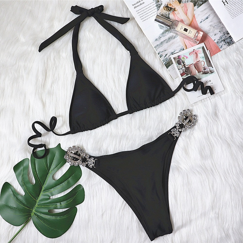 Sexy Crystal Diamond Bikini 2023 Bandeau Swimsuit Women Rhinestone Swimwear Female Two piece Bikini set Halter Bathing Suit