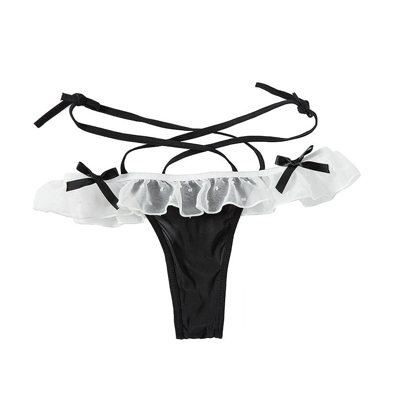 Sexy Maid Cosplay Hot Thong Lace Waist Hollow Bow T Pants Female JK Panties Sexy Lingerie Low Waist  Wave Point Perspective