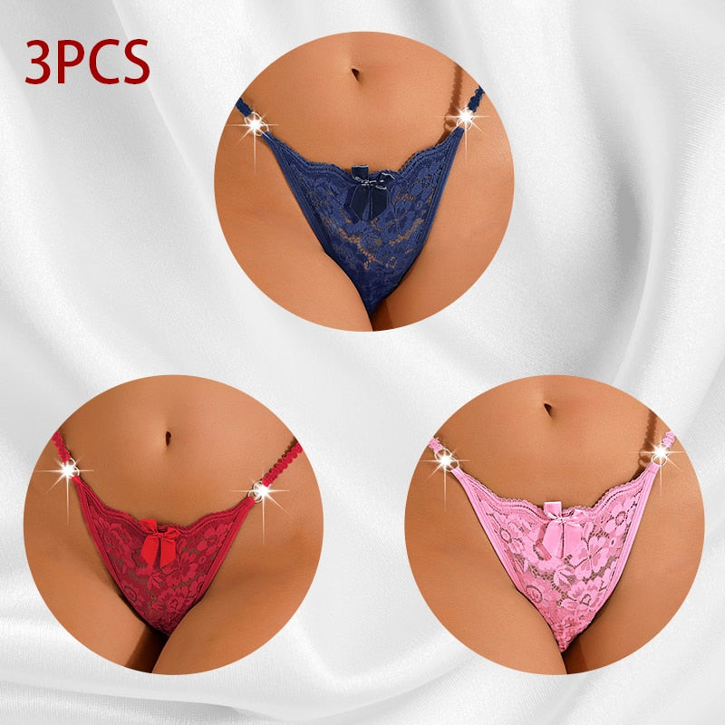 3PCS/Set Women Sexy Lace Panties Perspective Underwear Low Waist Thin Strap Rhinestone Thong G-string Breathable Soft Lingerie