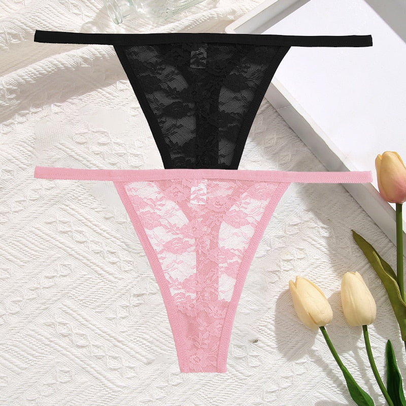 2Pcs/Set Sexy Women Lace Panties Low Waist G-String Underwear Solid Hollow Out Transparent Thong Female Soft Breathable Lingerie