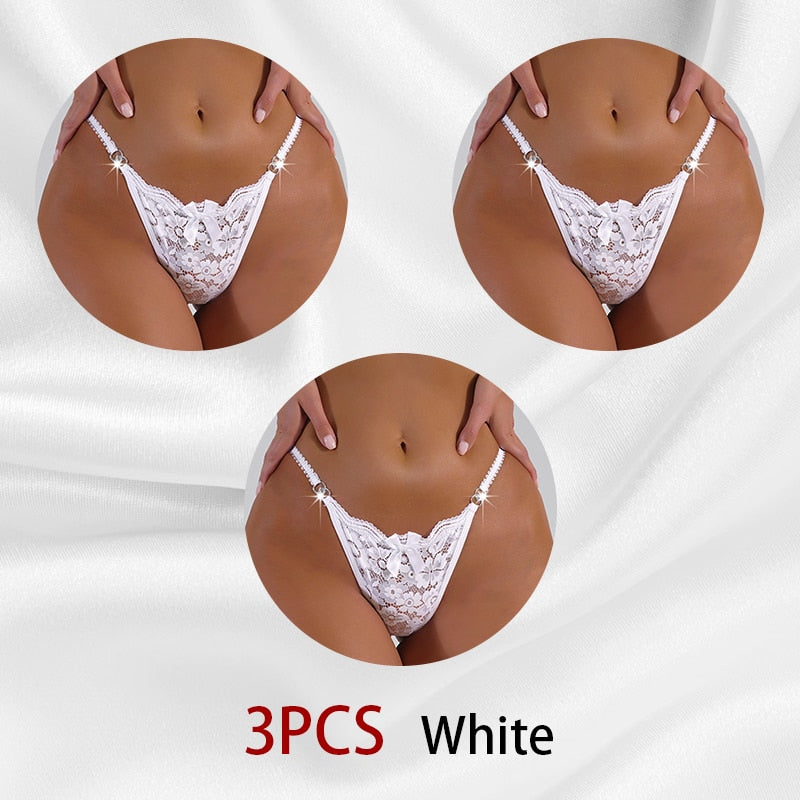 3PCS/Set Women Sexy Lace Panties Perspective Underwear Low Waist Thin Strap Rhinestone Thong G-string Breathable Soft Lingerie