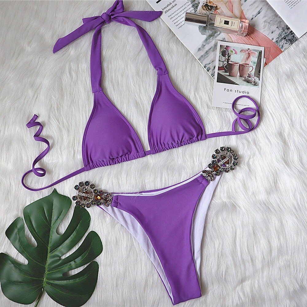 Sexy Crystal Diamond Bikini 2023 Bandeau Swimsuit Women Rhinestone Swimwear Female Two piece Bikini set Halter Bathing Suit