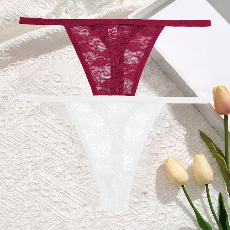 2Pcs/Set Sexy Women Lace Panties Low Waist G-String Underwear Solid Hollow Out Transparent Thong Female Soft Breathable Lingerie
