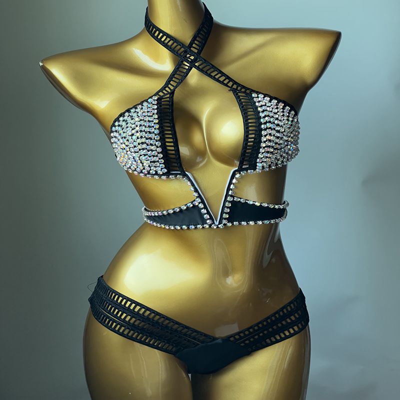 2023 Sexy Halter Crystal Swimwear Women Push Up Bikinis Rhinestone Diamond Luxury Women Bathing Suits Bandage Female Swimsuits
