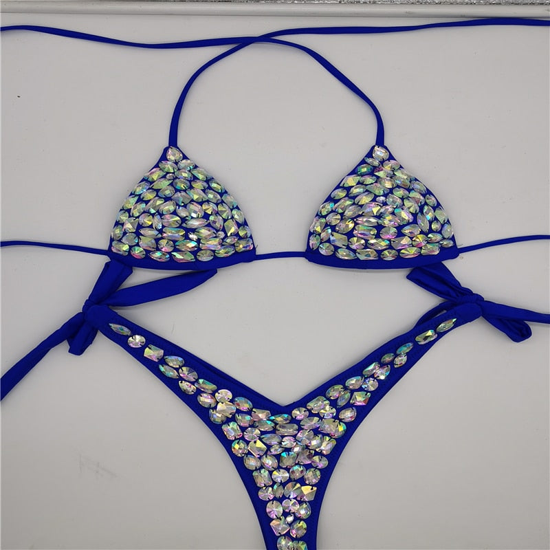 Fashion Diamond Bikini Set Rhinestone Swimwear Crystal Bathing Suit Sexy Women Biquini Bling Stones Sexy Halter Crystal Swimsuit