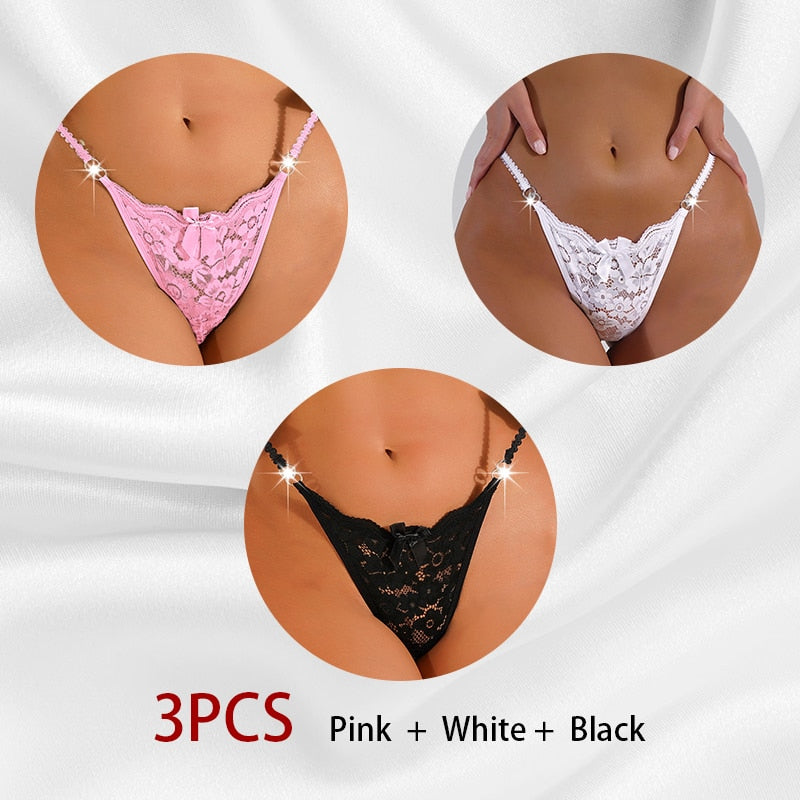 3PCS/Set Women Sexy Lace Panties Perspective Underwear Low Waist Thin Strap Rhinestone Thong G-string Breathable Soft Lingerie
