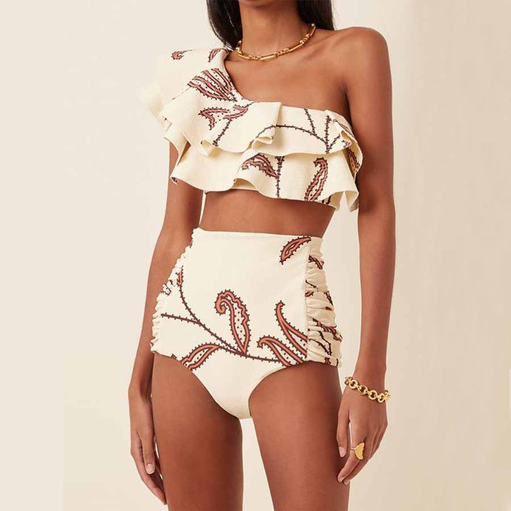 One-Shoulder Ruffled Bikini Set Tankini Three Piece Bikini Separate Bandeau Swimsuit Shorts Bourkini 2022 Luxury Orange