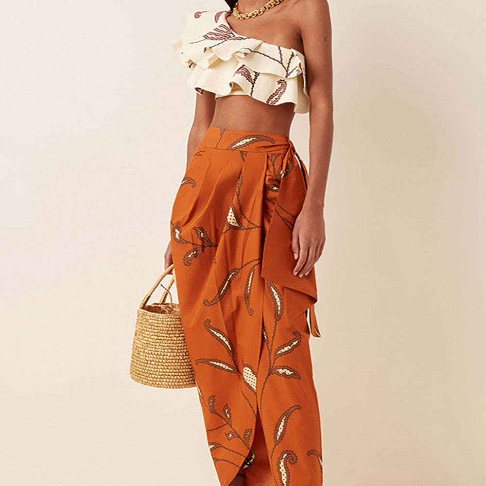 One-Shoulder Ruffled Bikini Set Tankini Three Piece Bikini Separate Bandeau Swimsuit Shorts Bourkini 2022 Luxury Orange