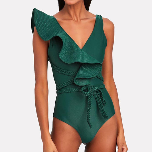 Swimwear Women 2022 Sexy One Piece Swimsuits Deep-v Beach Wear Shoulder Solid Ruffled Plus Size Bathing Suit Summer Micro Bikini