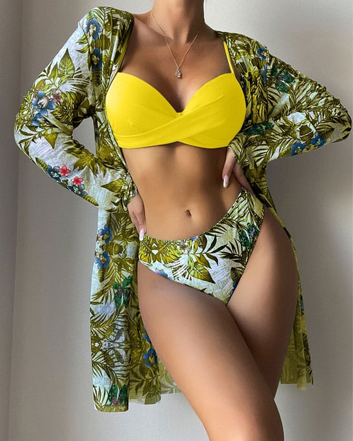 Floral Twist Low Waist Bikini Set Cover Up Swimsuit For Women Push Up Long Sleeve Three Pieces Swimwear 2022 Beach Bathing Suits