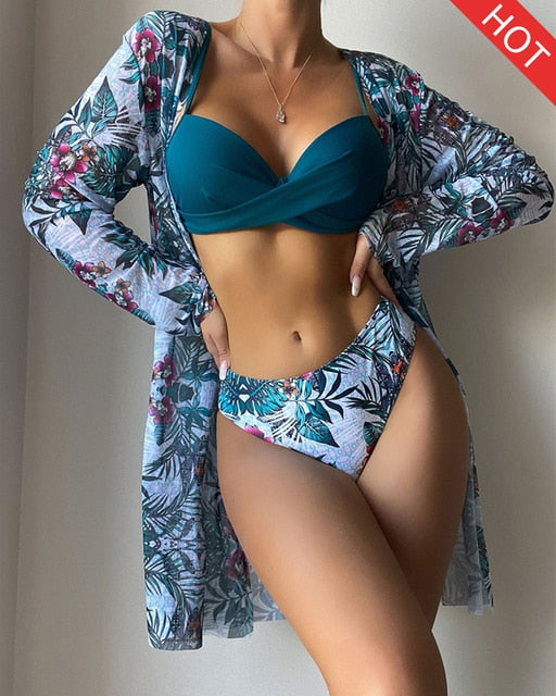 Floral Twist Low Waist Bikini Set Cover Up Swimsuit For Women Push Up Long Sleeve Three Pieces Swimwear 2022 Beach Bathing Suits