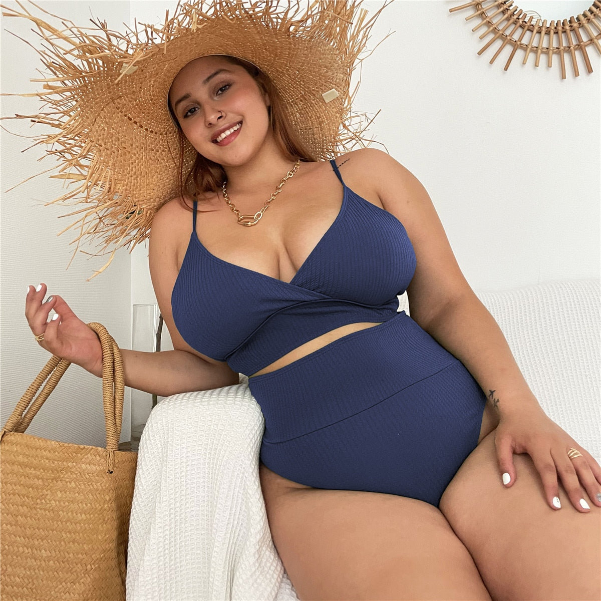 Womens swimwear high waist bikini set solid color plus size Big Breast swimsuit strappy sexy bather Swimming Wear Bathing Suit