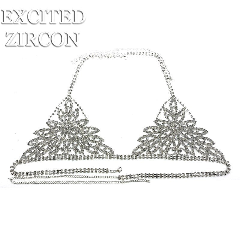 Fashion Luxury Women's Zircon Crystal Flower Leaf Tight Chain Suit Exquisite Shiny Sexy Bra Thong Bikini Jewelry Accessories