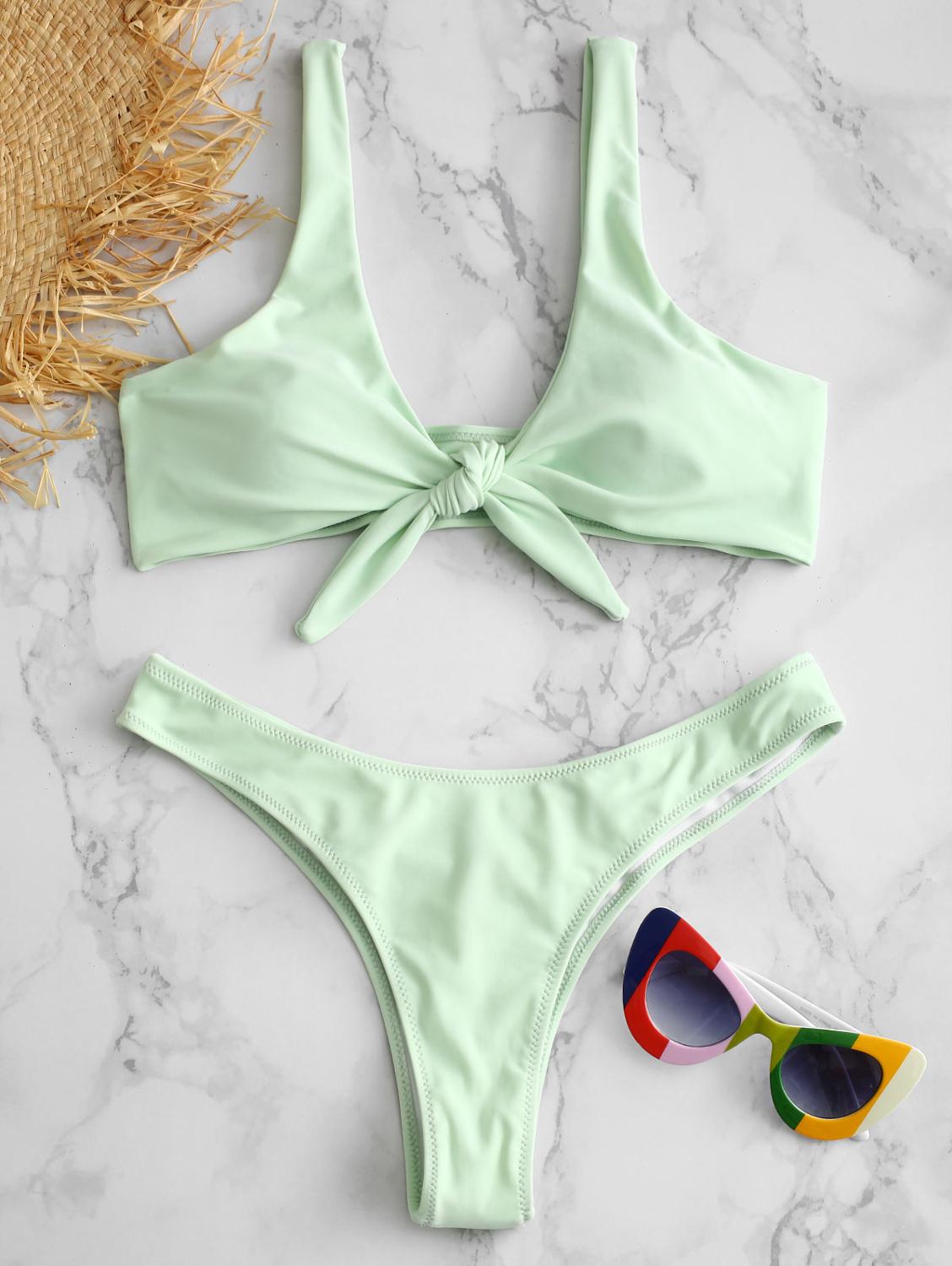 ZAFUL Bikini Brazilian Biquni Knotted Padded Thong Bikini Set Women Swimwear Swimsuit Scoop Neck Solid High Cut Bathing Suit