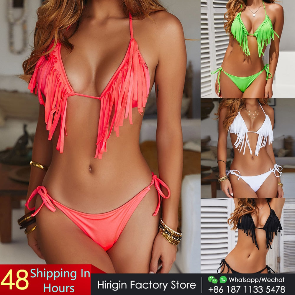 Sexy Tassels Bikini Set Women Swimwear Bandage Push Up Padded Swimming Suit Women Bathing Suit Thong Bikini Brazilian