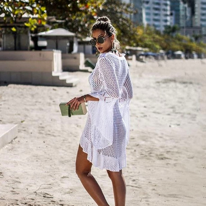 New Crochet Cover Ups Lace Hollow Swimsuit Beach Dress Women Summer Lady Cover-Ups Bathing Suit Beach Wear Tunic Bikini Blouse