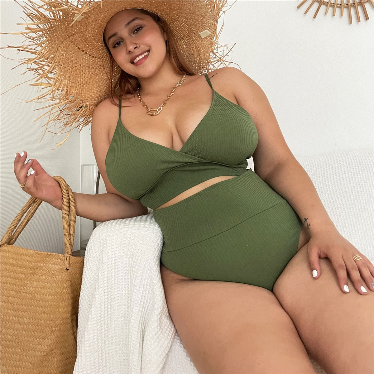 Womens swimwear high waist bikini set solid color plus size Big Breast swimsuit strappy sexy bather Swimming Wear Bathing Suit