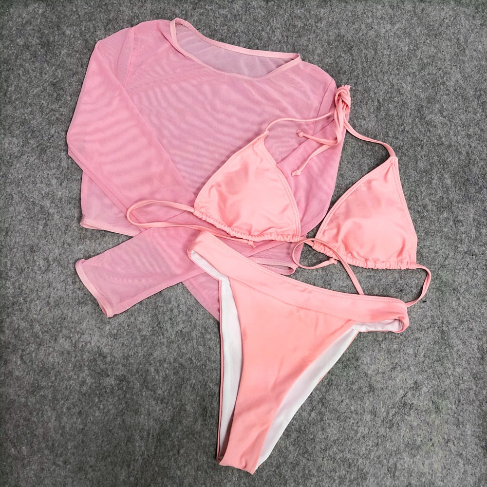 2022 Neon Yellow Crop Top Swimwear Women Summer Sexy Beachwear Mesh Long Sleeve Cover Ups Top Three Piece Swimsuit Bikini Set