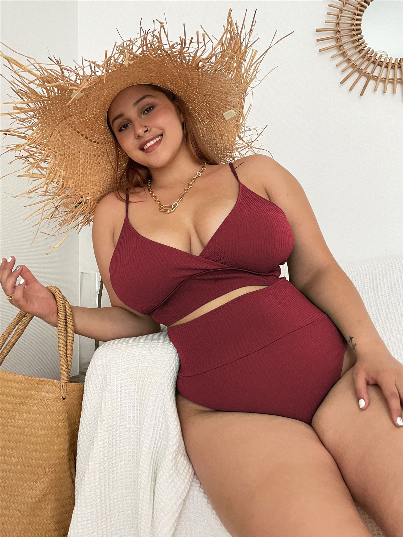 Womens swimwear high waist bikini set solid color plus size Big Breast swimsuit strappy sexy bather Swimming Wear Bathing Suit