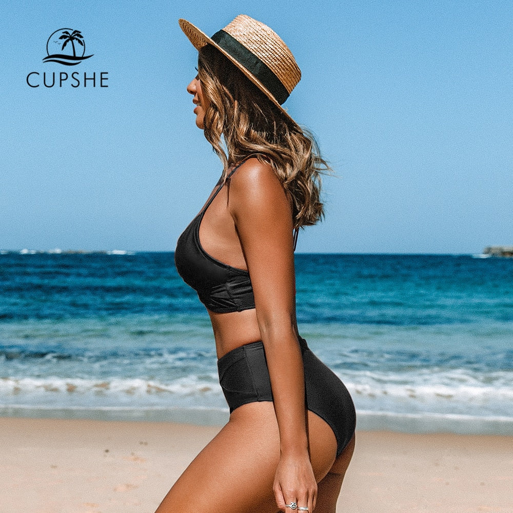 CUPSHE Solid Black Twist High Waist Bikini Sets Swimsuit For Women Sexy V-neck Tank Two Pieces Swimwear 2023 Beach Bathing Suit