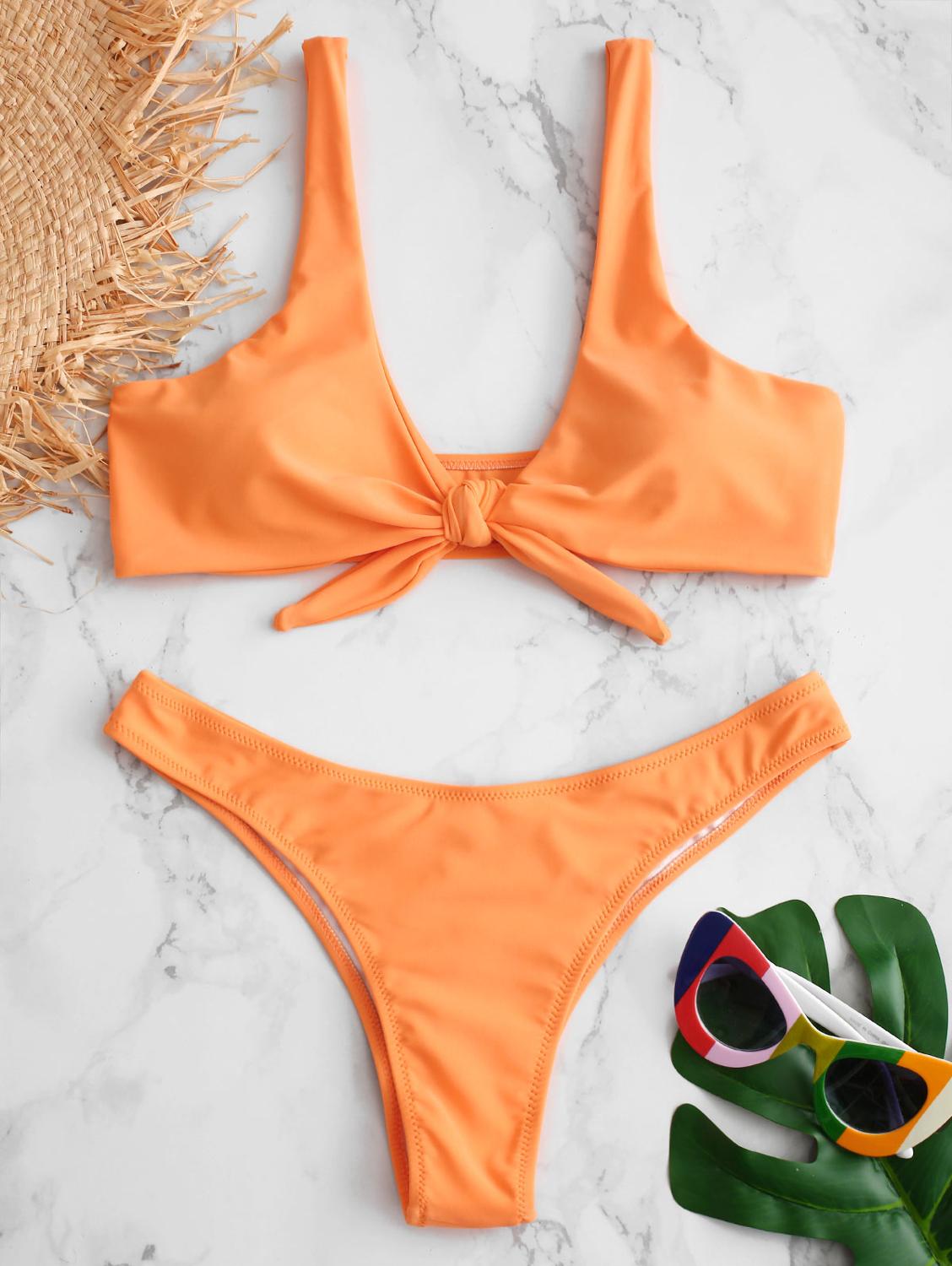 ZAFUL Bikini Brazilian Biquni Knotted Padded Thong Bikini Set Women Swimwear Swimsuit Scoop Neck Solid High Cut Bathing Suit