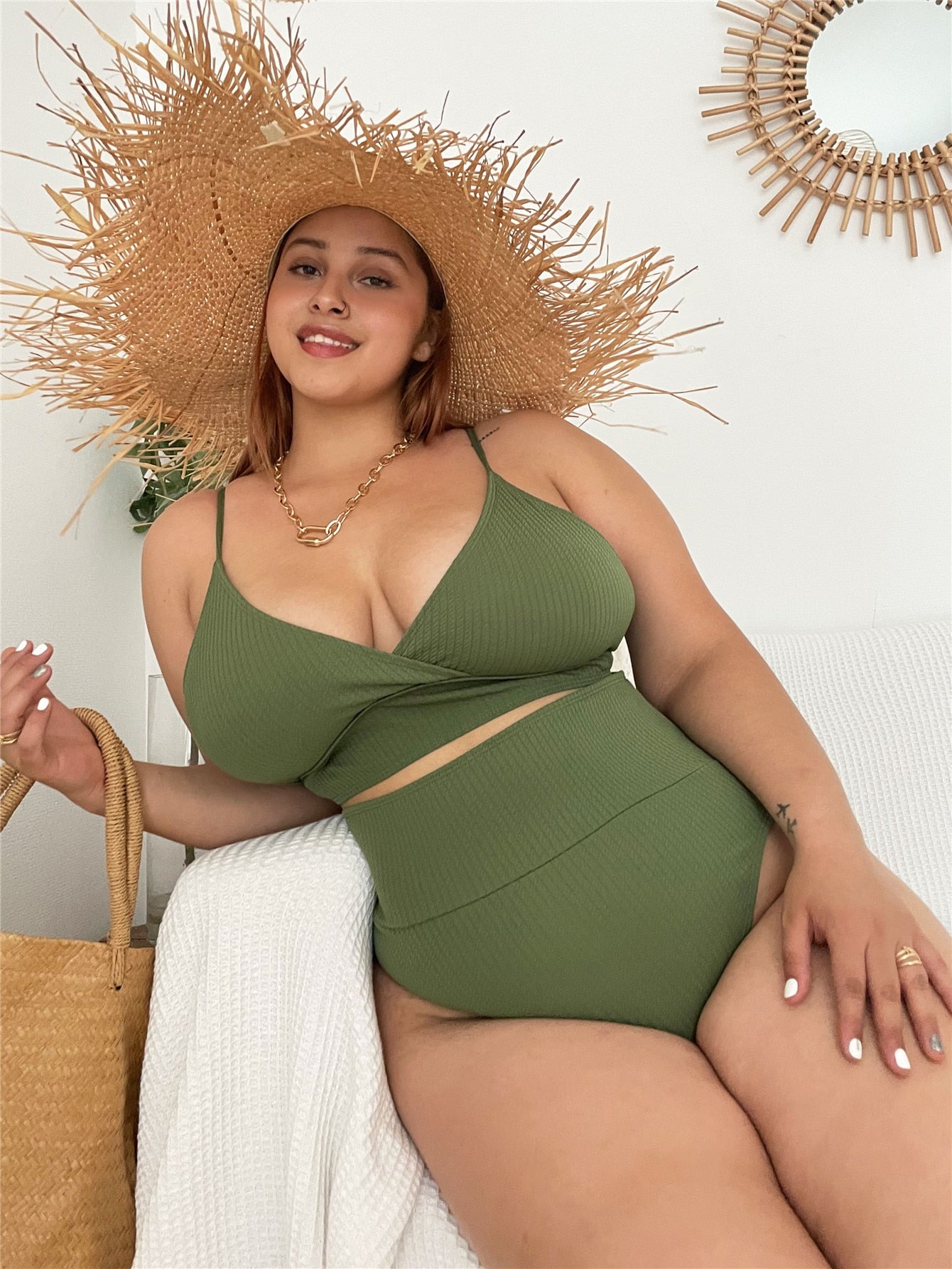 Womens swimwear high waist bikini set solid color plus size Big Breast swimsuit strappy sexy bather Swimming Wear Bathing Suit