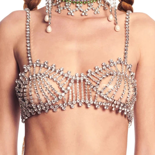 INS Rhinestone Hollow Sexy Body Chain Top Bra and Thong Bikini Set for Women Crystal Bralette Underwear Panties Body Jewelry