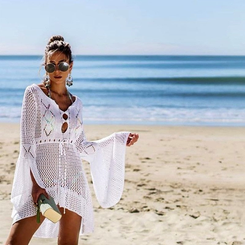 New Crochet Cover Ups Lace Hollow Swimsuit Beach Dress Women Summer Lady Cover-Ups Bathing Suit Beach Wear Tunic Bikini Blouse