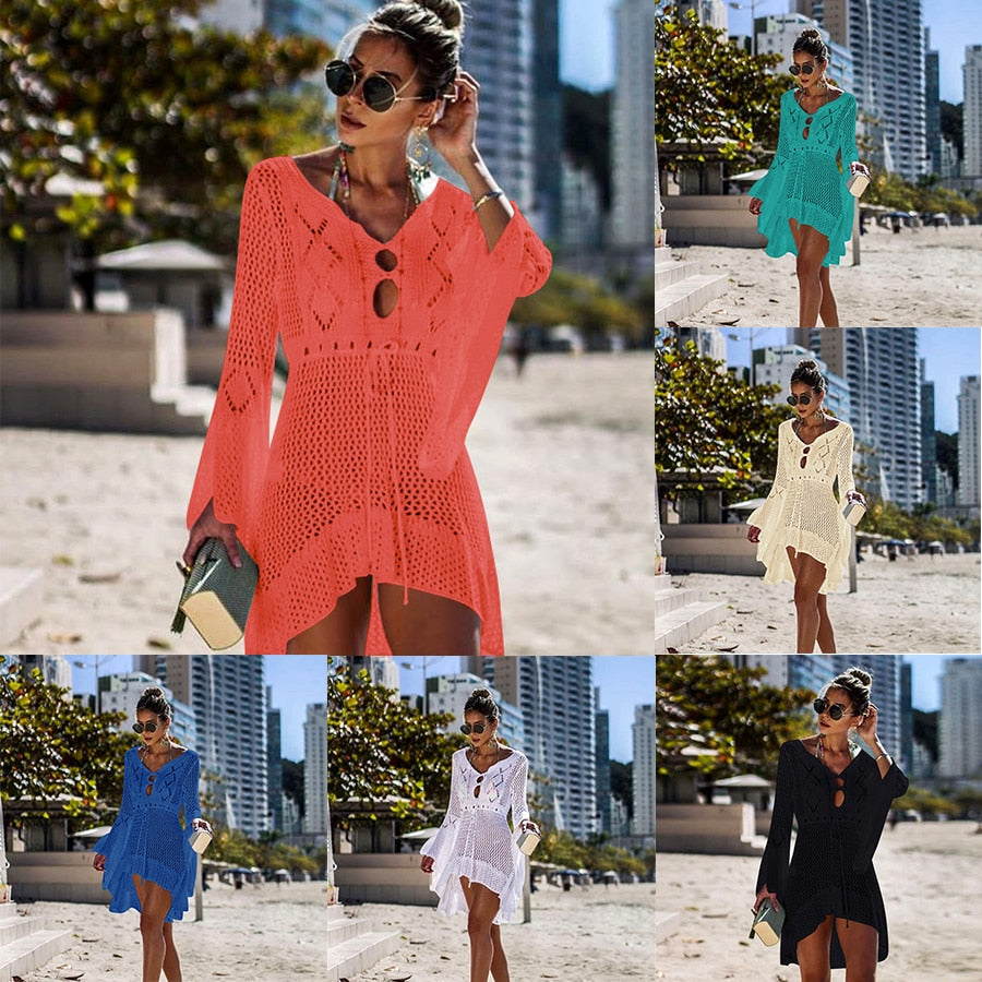 New Crochet Cover Ups Lace Hollow Swimsuit Beach Dress Women Summer Lady Cover-Ups Bathing Suit Beach Wear Tunic Bikini Blouse