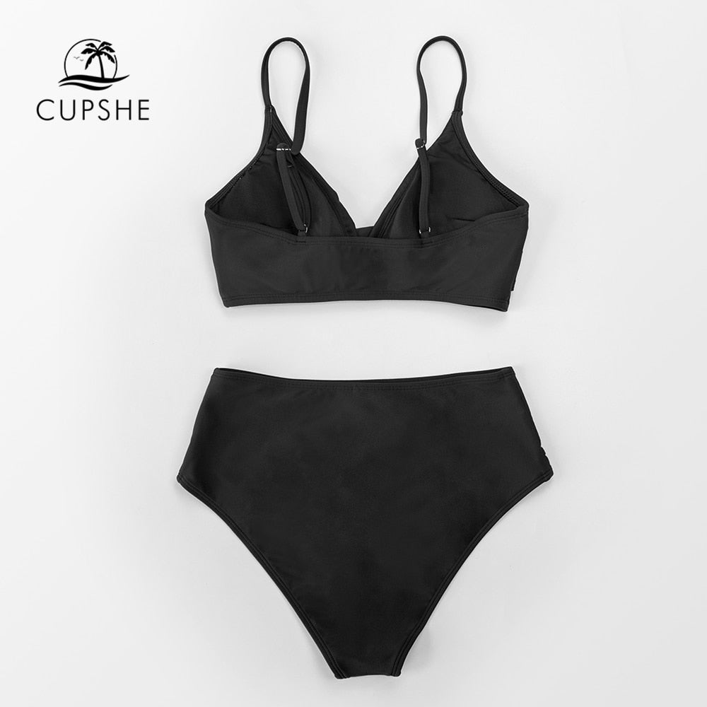 CUPSHE Solid Black Twist High Waist Bikini Sets Swimsuit For Women Sexy V-neck Tank Two Pieces Swimwear 2023 Beach Bathing Suit