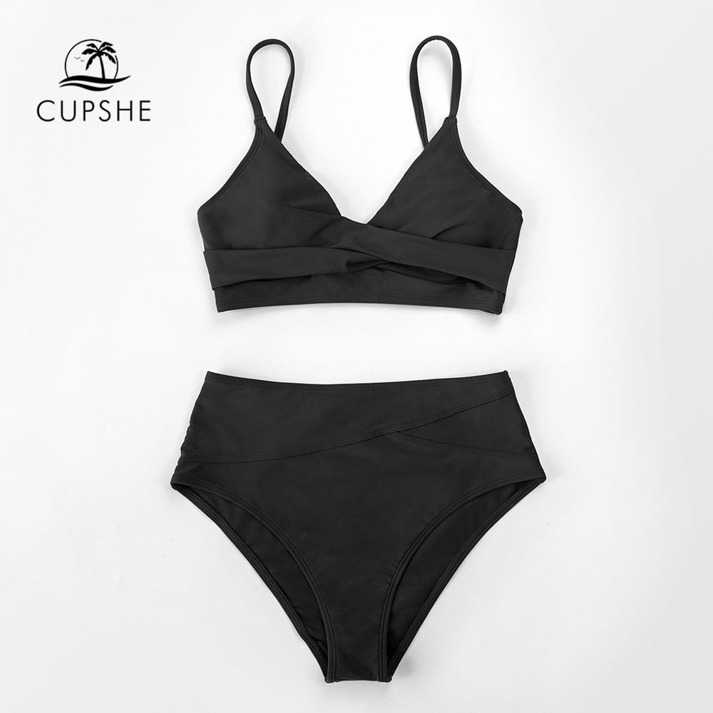 CUPSHE Solid Black Twist High Waist Bikini Sets Swimsuit For Women Sexy V-neck Tank Two Pieces Swimwear 2023 Beach Bathing Suit