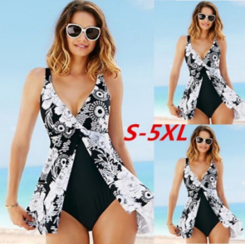 SGCHUA 2020 Print White Crane Large Size 5XL One Piece Swimsuit for Fat Big Plus XXXL Swimwear with Skirt Slim Bathing Suit