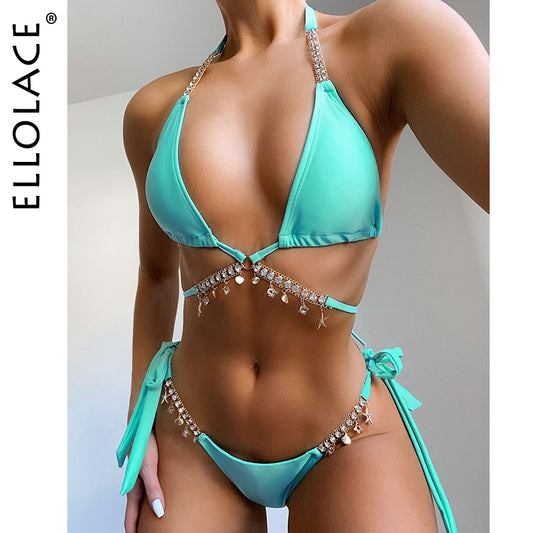 Ellolace Diamond Bikini Crystal Swimwear Metal Chain Women&#39;s Swimsuit Bathing Suit 2020 Aristocratic Bikini Push Up Bikinis