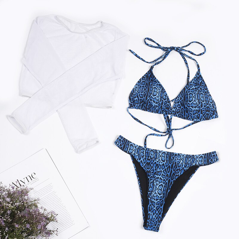 2022 Neon Yellow Crop Top Swimwear Women Summer Sexy Beachwear Mesh Long Sleeve Cover Ups Top Three Piece Swimsuit Bikini Set